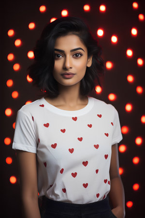Portrait of beautiful young brunette woman with red hearts on bokeh backgroundの素材