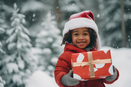 Cute african american little girl in red jacket and santa hat holding gift box in snowy forest.の素材