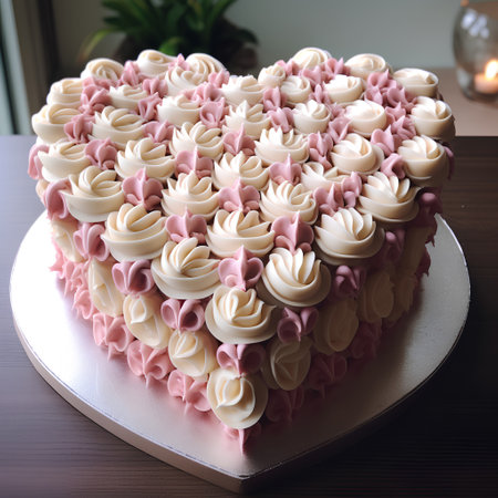 Heart shaped cake with white and pink roses on a wooden table.の素材