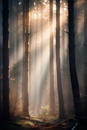 Mysterious forest with fog and rays of light at sunrise.の素材