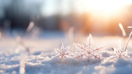 Snowflakes on the snow in the winter forest. Christmas backgroundの素材
