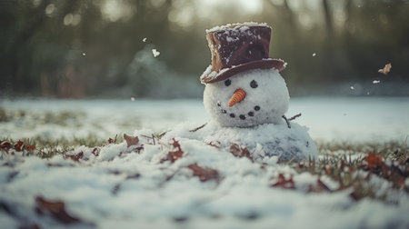 Snowman in hat and scarf on green grass in winter forest.の素材