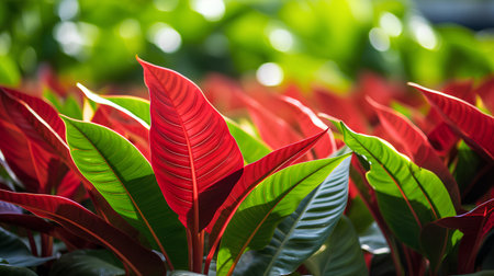 Red leaves of Calathea ornamental plant in the garden.の素材