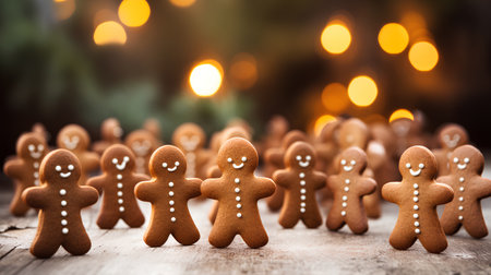 gingerbread men in front of christmas lights and bokehの素材