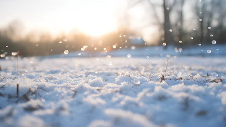 Frozen grass and snowflakes at sunset. Winter background.の素材