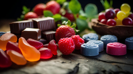 Colorful candies and berries on rustic wooden background, selective focusの素材