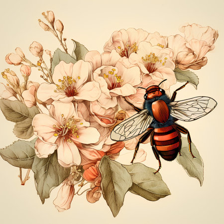 Vintage vector illustration of bee and flowers. Hand drawn botanical illustration.の素材