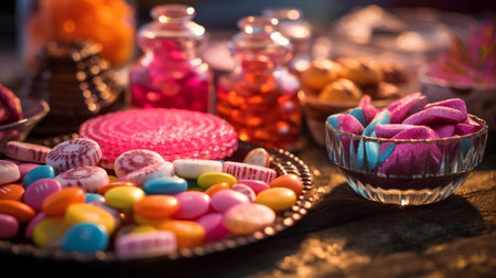 Colorful candies in glass bowl on wooden table. Sweet background.の素材