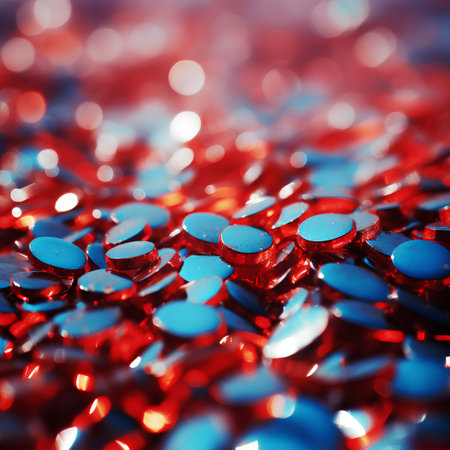 Red and blue confetti background. Shallow depth of field.の素材