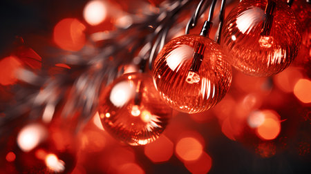Christmas background with red baubles on a branch of a Christmas treeの素材