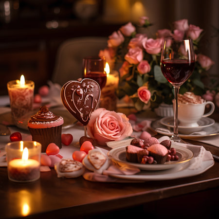 Valentine's Day romantic table setting with cupcakes, candieshmallows and red wineの素材