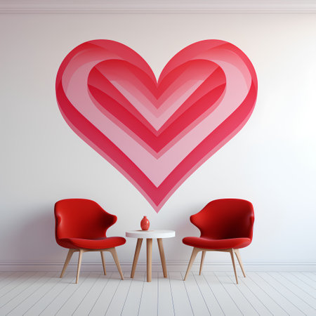Valentine's Day interior with two red chairs and heart. Vector illustration.の素材