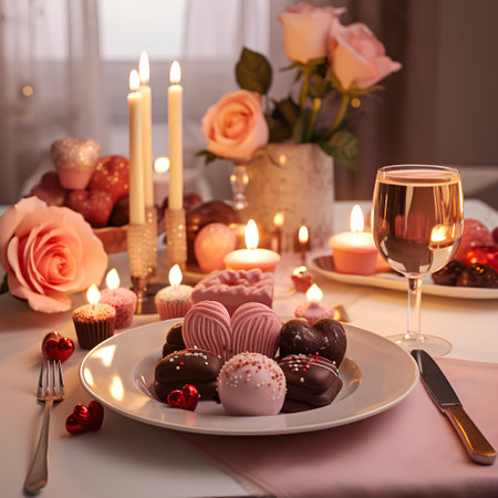 Romantic dinner with chocolate candies, candles and roses on tableの素材