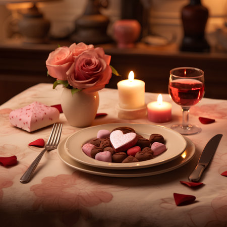 Valentine's Day romantic dinner with chocolate hearts, rose and candlesの素材