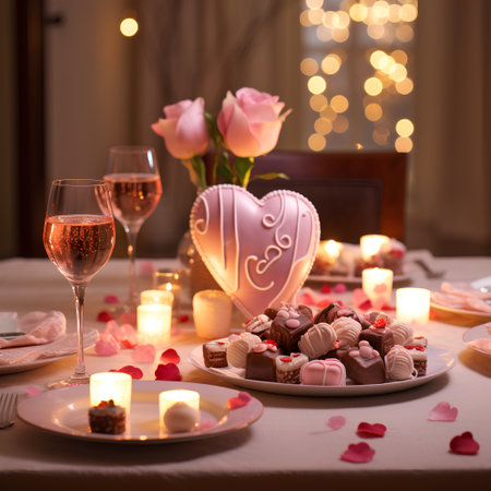 Romantic dinner with roses, candles and chocolate candies on tableの素材