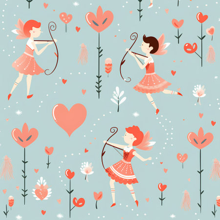 Seamless pattern with cute cartoon cupids and hearts. Vector illustration.の素材