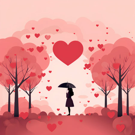 Valentine's day background with red hearts and woman holding umbrella. Vector illustration.の素材