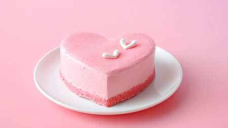 Pink heart-shaped cake on a white plate on a pink backgroundの素材