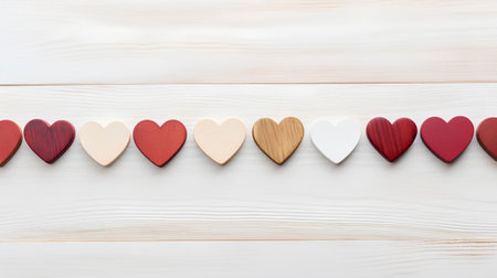 Wooden hearts on white wooden background. Valentine's day concept.の素材