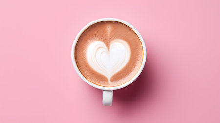 Cup of cappuccino with heart pattern on pink backgroundの素材