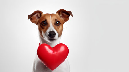Funny dog with red heart on white background. Concept of love.の素材