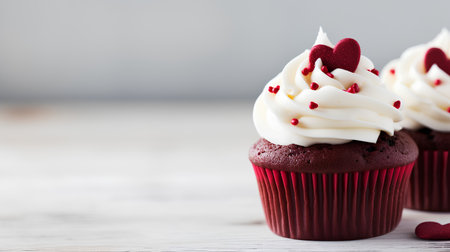 Red velvet cupcakes on a white wooden background. Selective focus.の素材