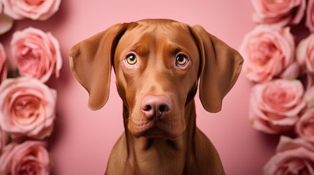 Portrait of a cute Vizsla dog looking at the camera on a pink backgroundの素材