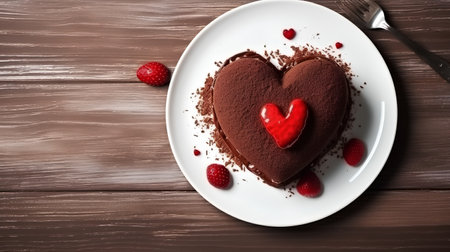 Heart-shaped chocolate cake with raspberries on a wooden backgroundの素材