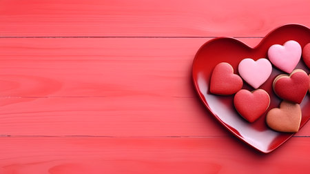 Valentine's day background with red hearts on red wooden backgroundの素材