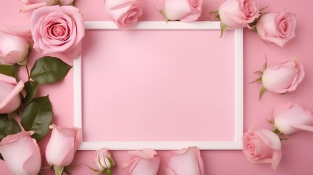 Pink rose flowers and white frame on pink background. Flat lay, top viewの素材