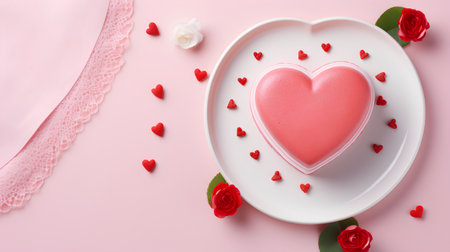 Valentine's day background with red heart and rose on plateの素材