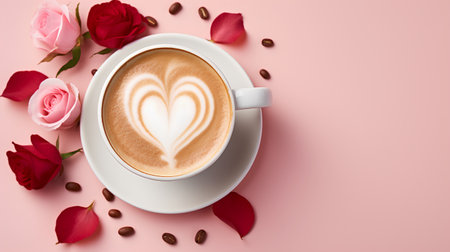 Cup of coffee with heart shape latte art and rose petals on pink backgroundの素材