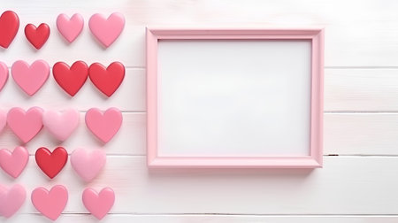 Valentine's day background with pink hearts and frame on white wooden backgroundの素材