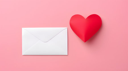 Red heart and envelope on pink background. Valentine's day concept.の素材