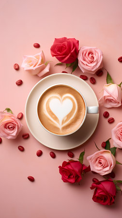 Cup of cappuccino with heart shape and flowers on pink backgroundの素材