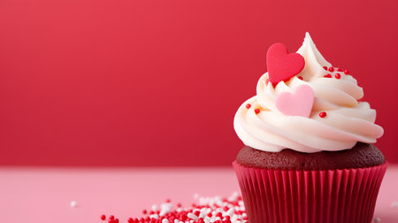 Valentine cupcake with hearts on red background with copy spaceの素材