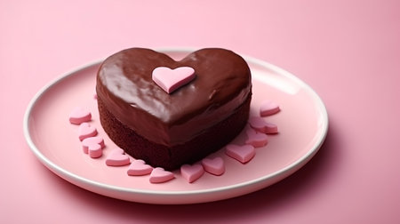 Chocolate heart-shaped cake on pink plate with hearts on pink backgroundの素材
