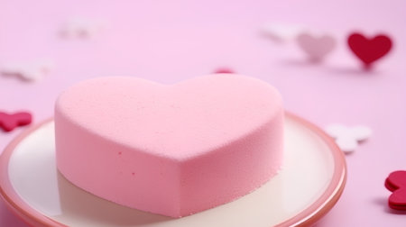 Pink heart-shaped cake on a pink background. Shallow dof.の素材