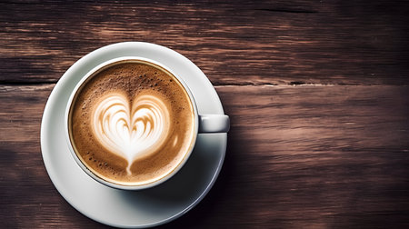 Cup of coffee with heart shape latte art on wooden tableの素材