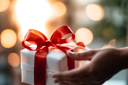 Hand holding a gift box with red ribbon on bokeh backgroundの素材