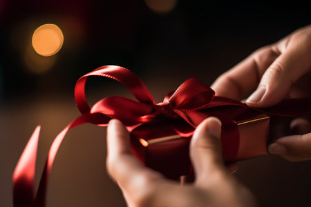 Hands holding a gift box with a red bow on a dark backgroundの素材