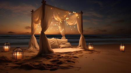 3d rendering of a beach with a canopy bed and lanternsの素材