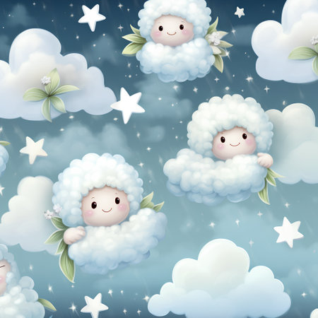 Seamless pattern with cute sheeps in the clouds. Vector illustration.の素材