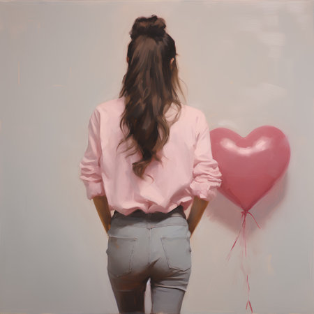 Young woman with heart shaped balloon and pink shirt on a gray backgroundの素材