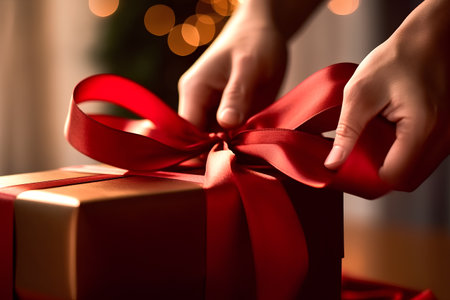Close up of woman hands holding a gift box with red bow.の素材