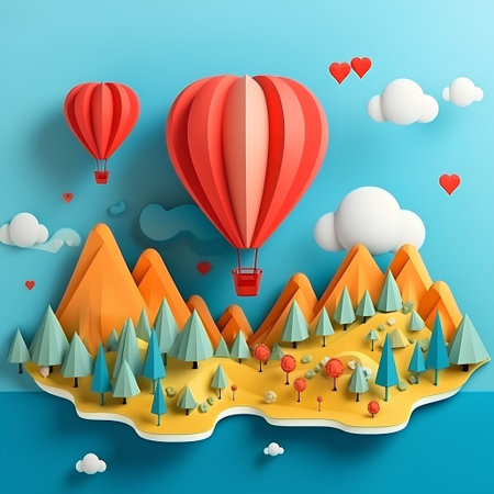 Paper art of hot air balloon flying in the sky. 3d illustrationの素材