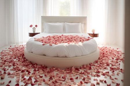 3d render of a bed with rose petals in the bedroomの素材