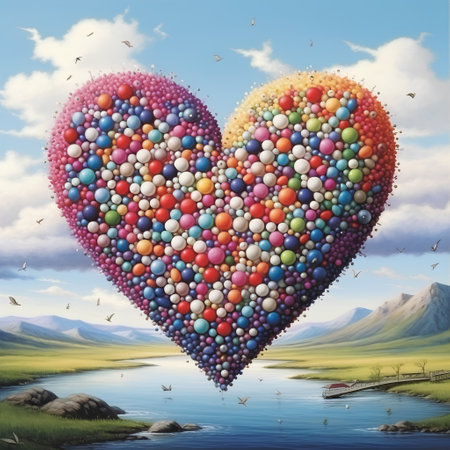 Colorful heart with flying birds on the background of mountains and lakeの素材