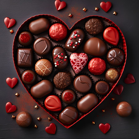 Heart shaped box of chocolates on black background, top viewの素材