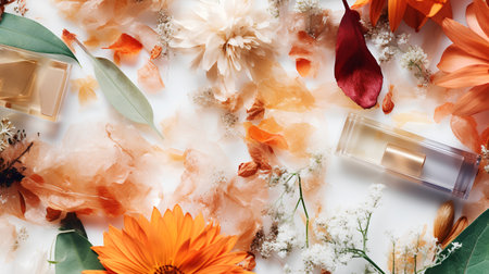 Flowers composition. Cosmetics on white background. Flat lay, top viewの素材